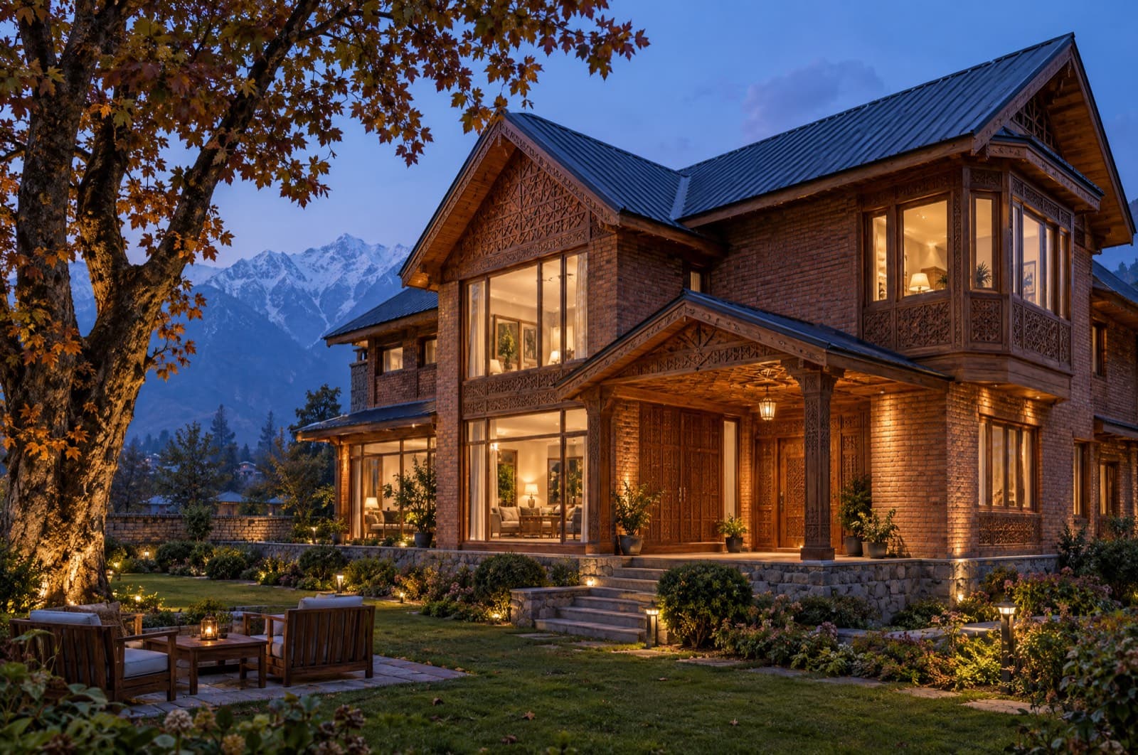 Contemporary Kashmiri house in brick and carved timber at dusk