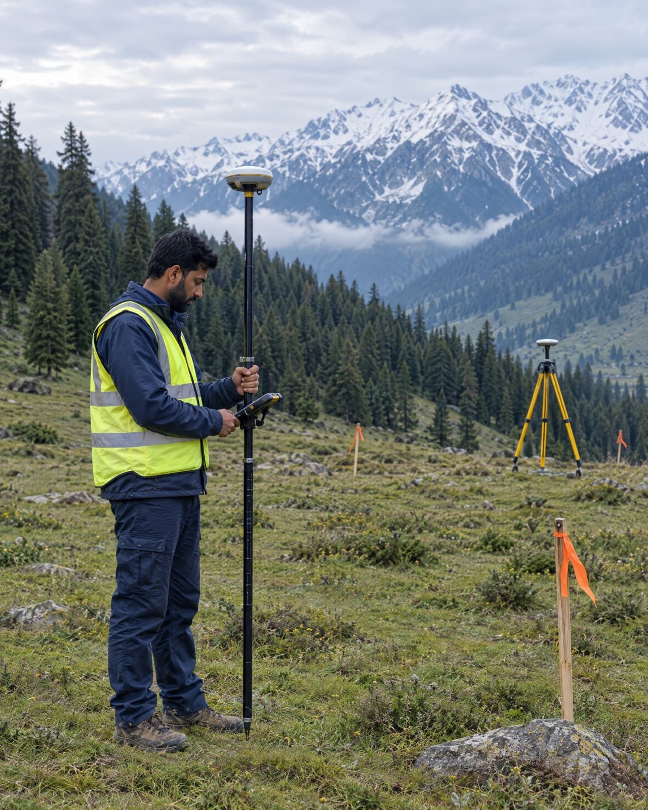 Surveyor using a DGPS rover on a mountain meadow in Kashmir